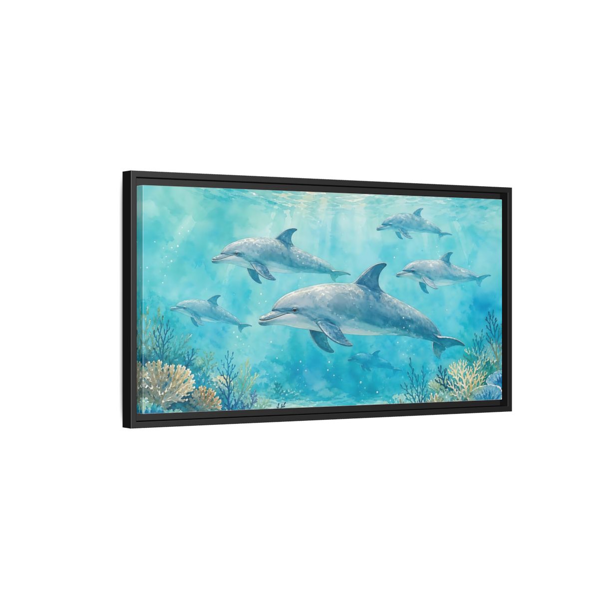 Side Mockup 2. Nature Dolphins Blue Dolphins shown as stretched canvas wall art