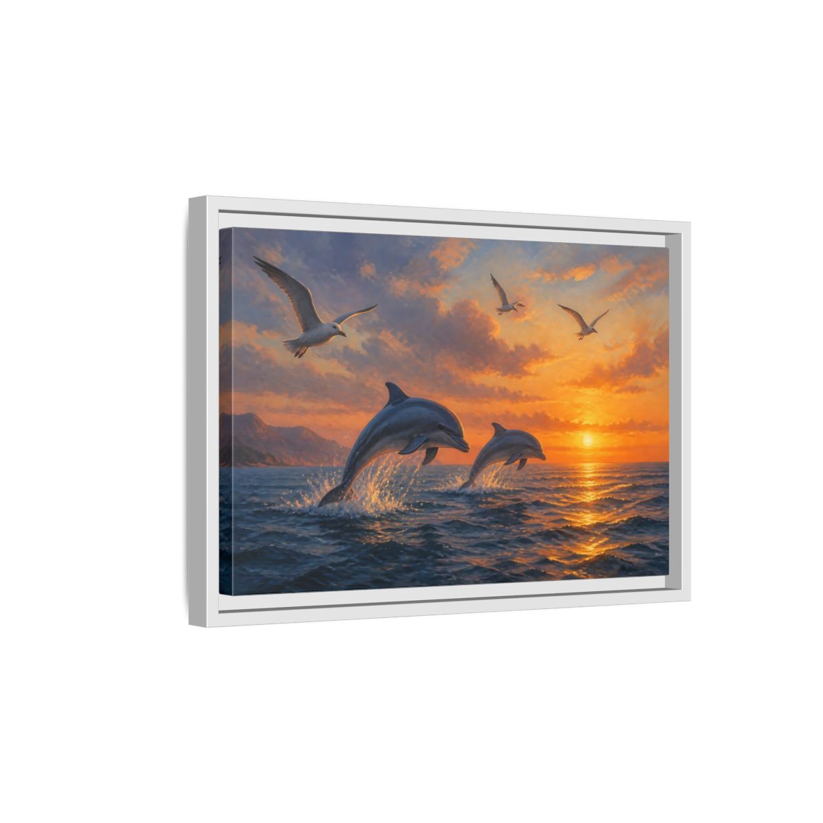 Side Mockup 4. Nature Dolphins Orange And Blue shown as stretched canvas wall art