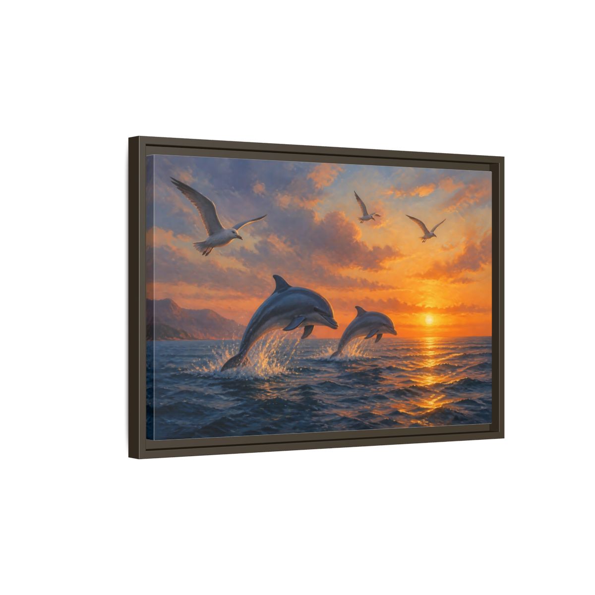 Side Mockup 2. Nature Dolphins Orange And Blue shown as stretched canvas wall art