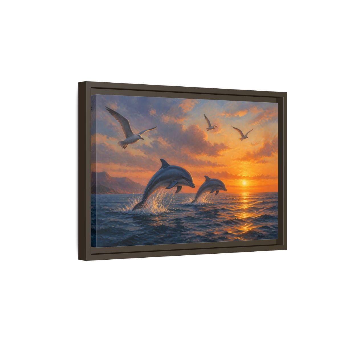 Side Mockup 5. Nature Dolphins Orange And Blue shown as stretched canvas wall art