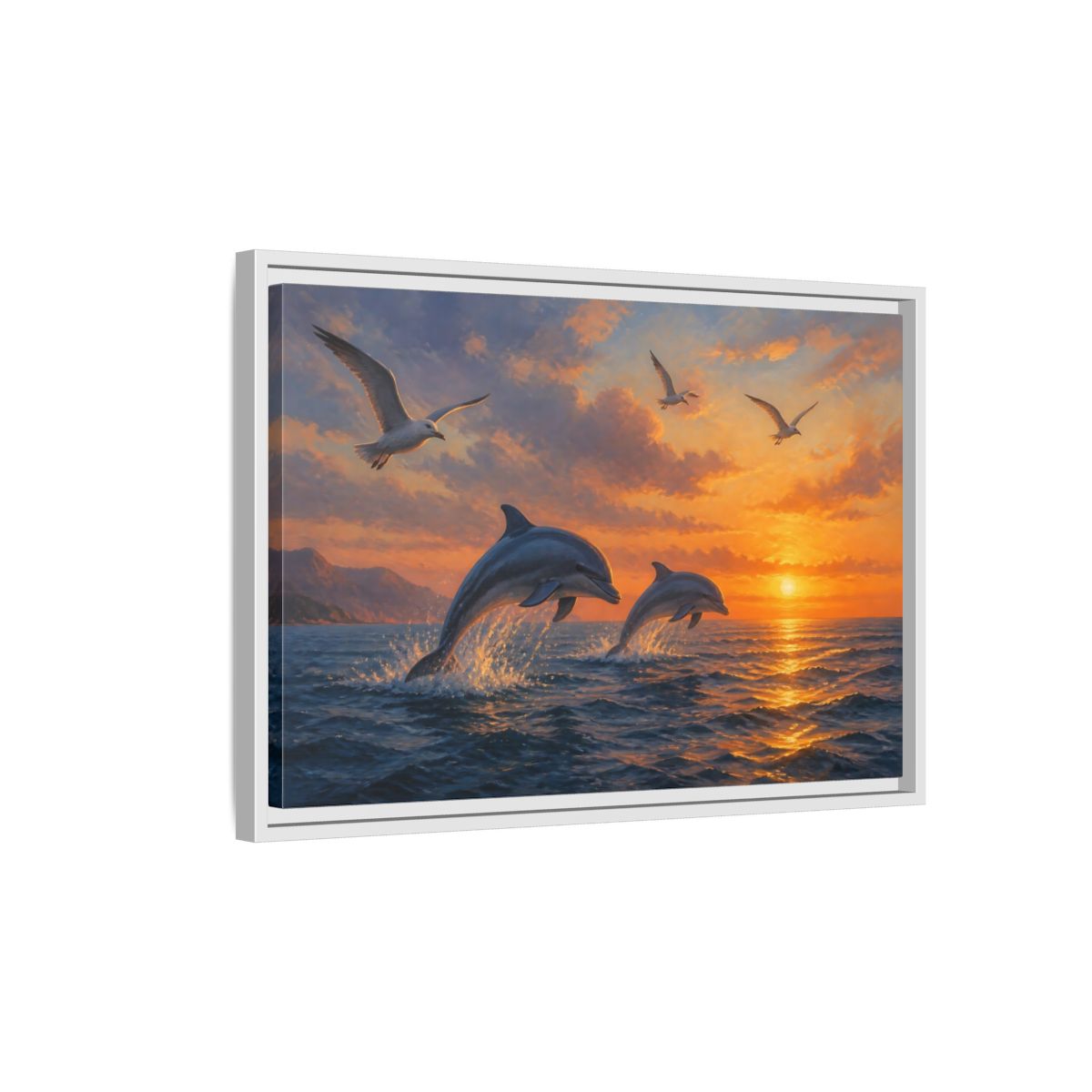 Side Mockup 1. Nature Dolphins Orange And Blue shown as stretched canvas wall art