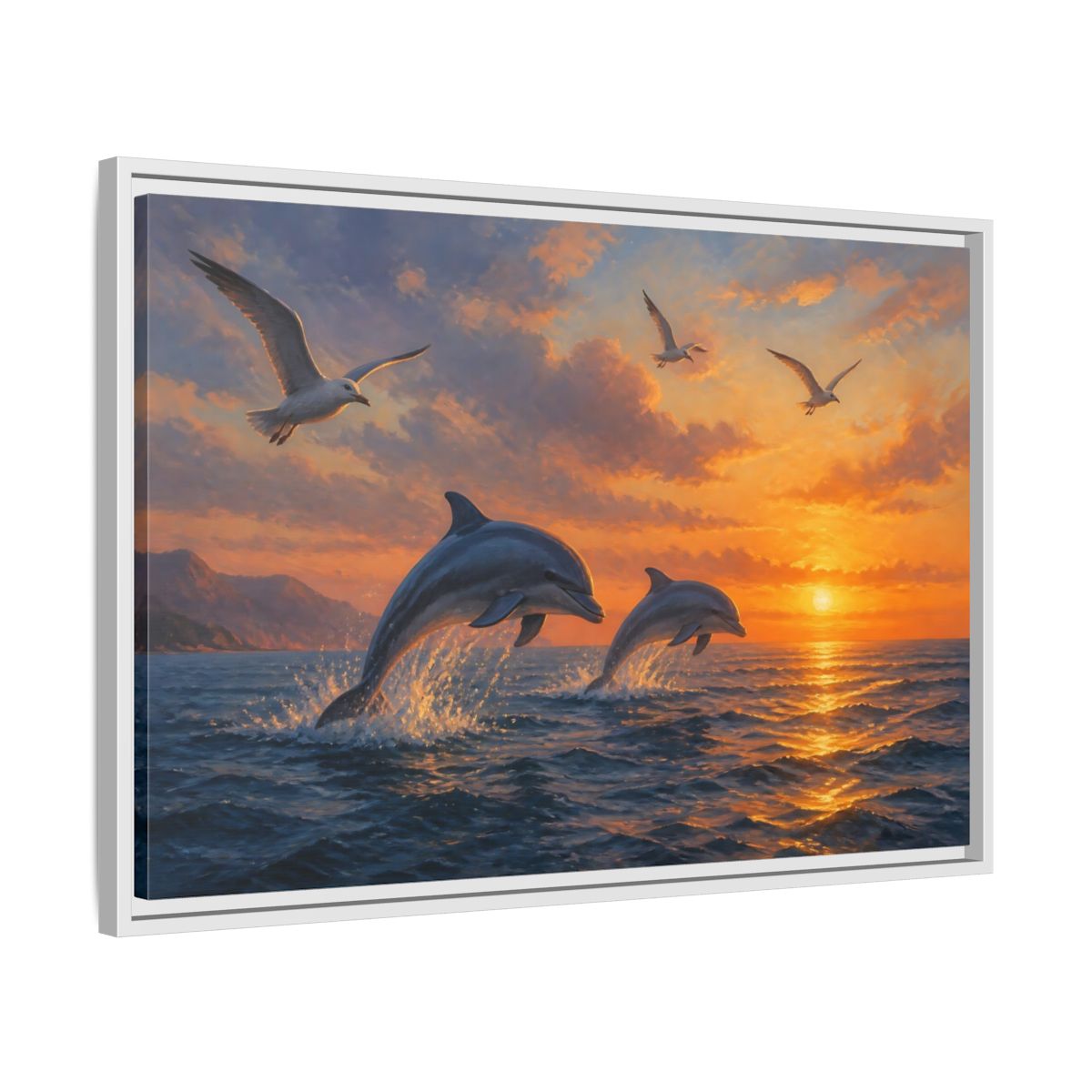 Side Mockup 10. Nature Dolphins Orange And Blue shown as stretched canvas wall art