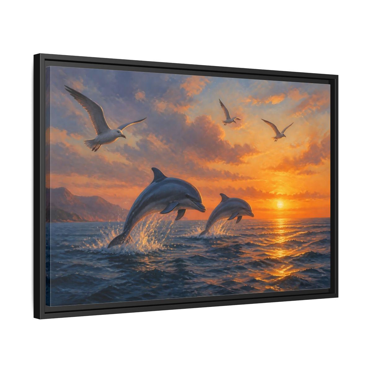 Side Mockup 14. Nature Dolphins Orange And Blue shown as stretched canvas wall art