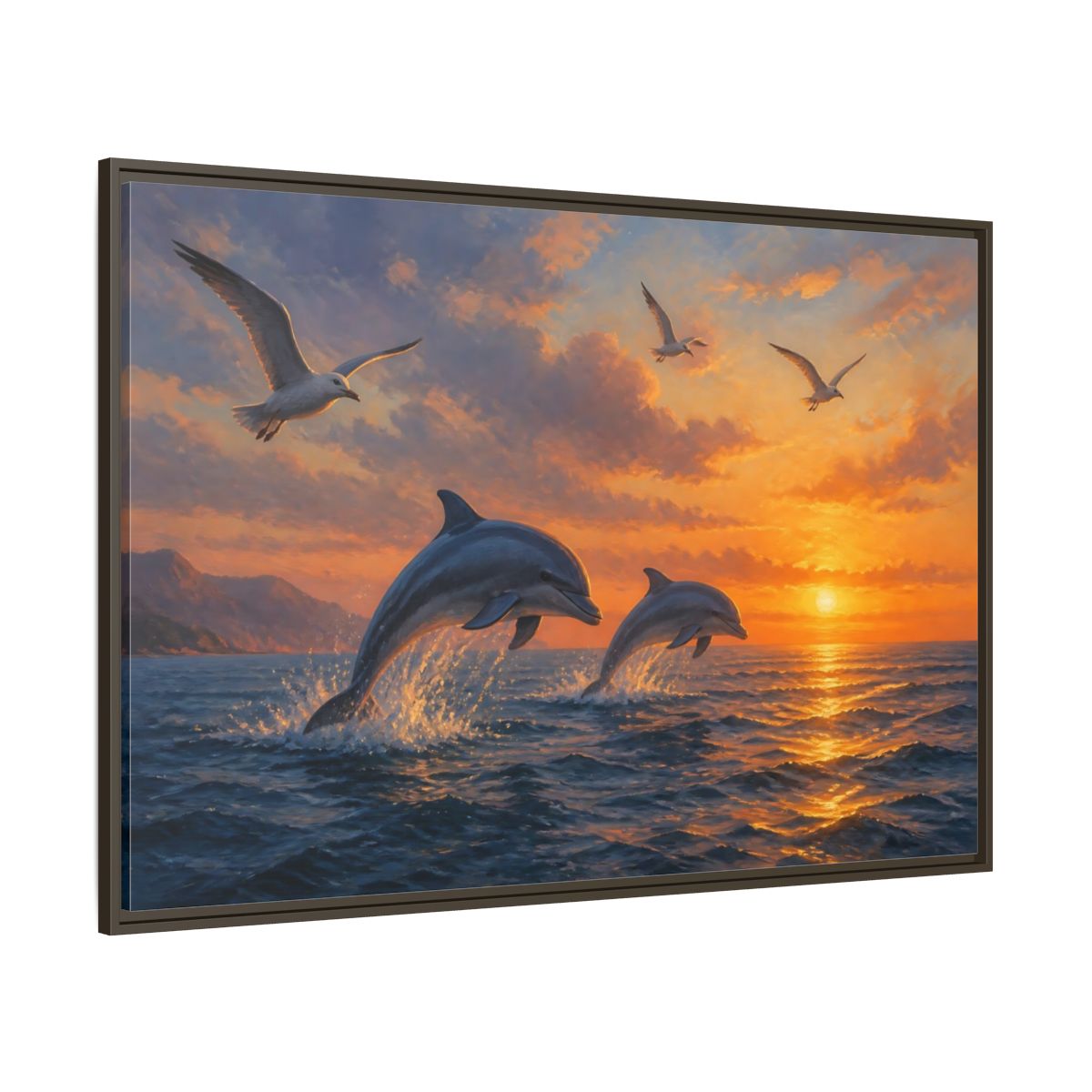 Side Mockup 8. Nature Dolphins Orange And Blue shown as stretched canvas wall art