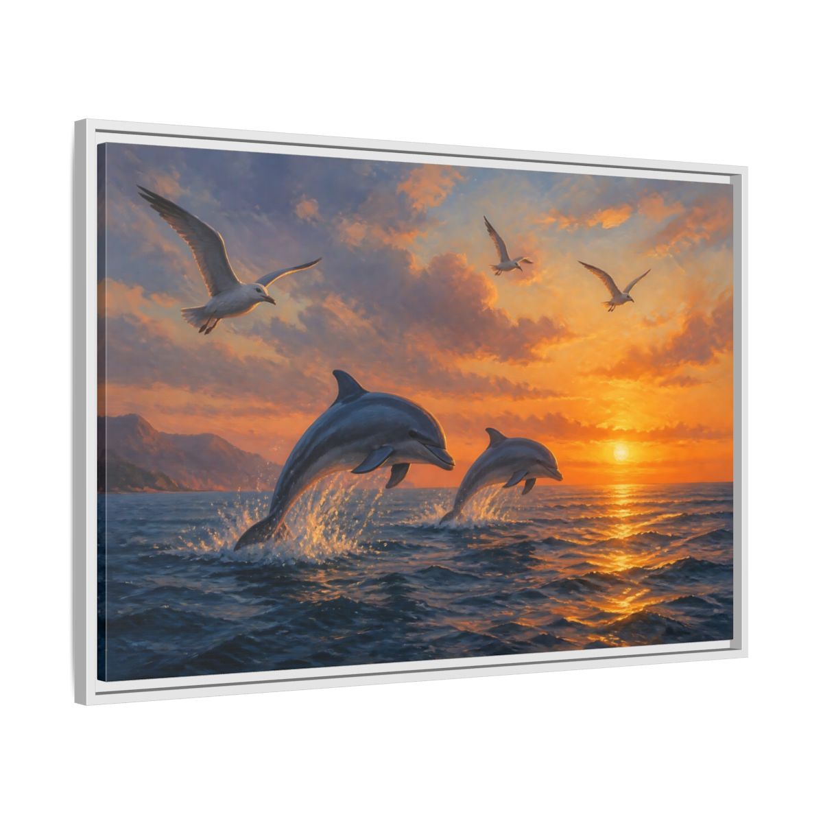 Side Mockup 9. Nature Dolphins Orange And Blue shown as stretched canvas wall art