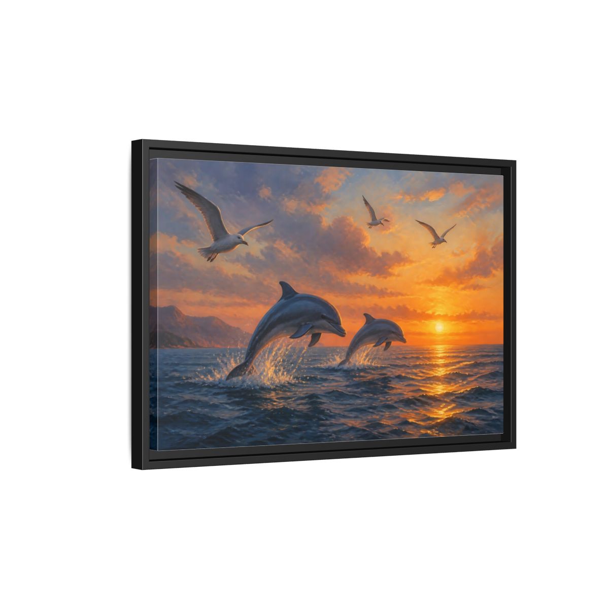 Side Mockup 3. Nature Dolphins Orange And Blue shown as stretched canvas wall art