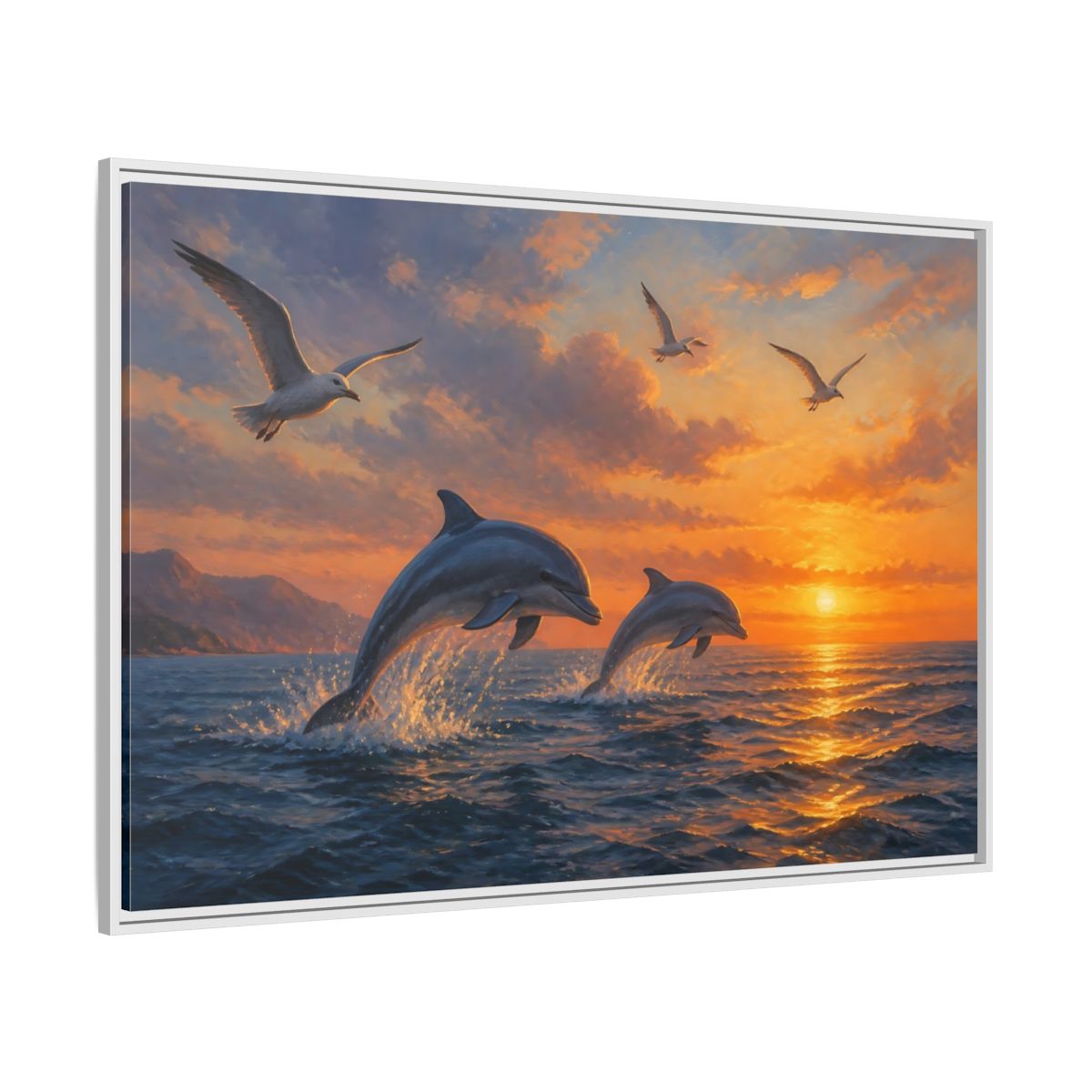 Side Mockup 7. Nature Dolphins Orange And Blue shown as stretched canvas wall art