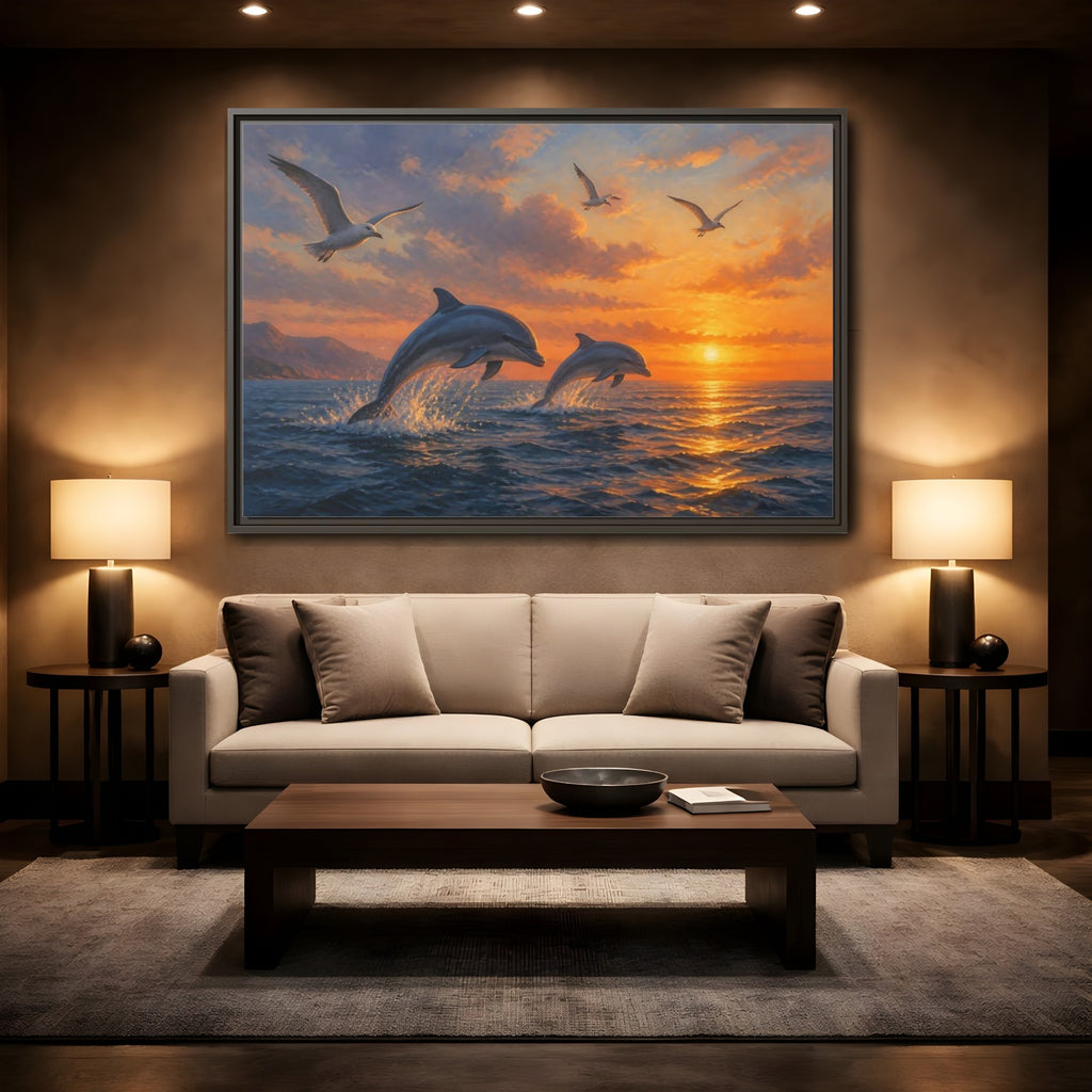 Mockup 2. Nature Dolphins Orange And Blue shown as stretched canvas wall art