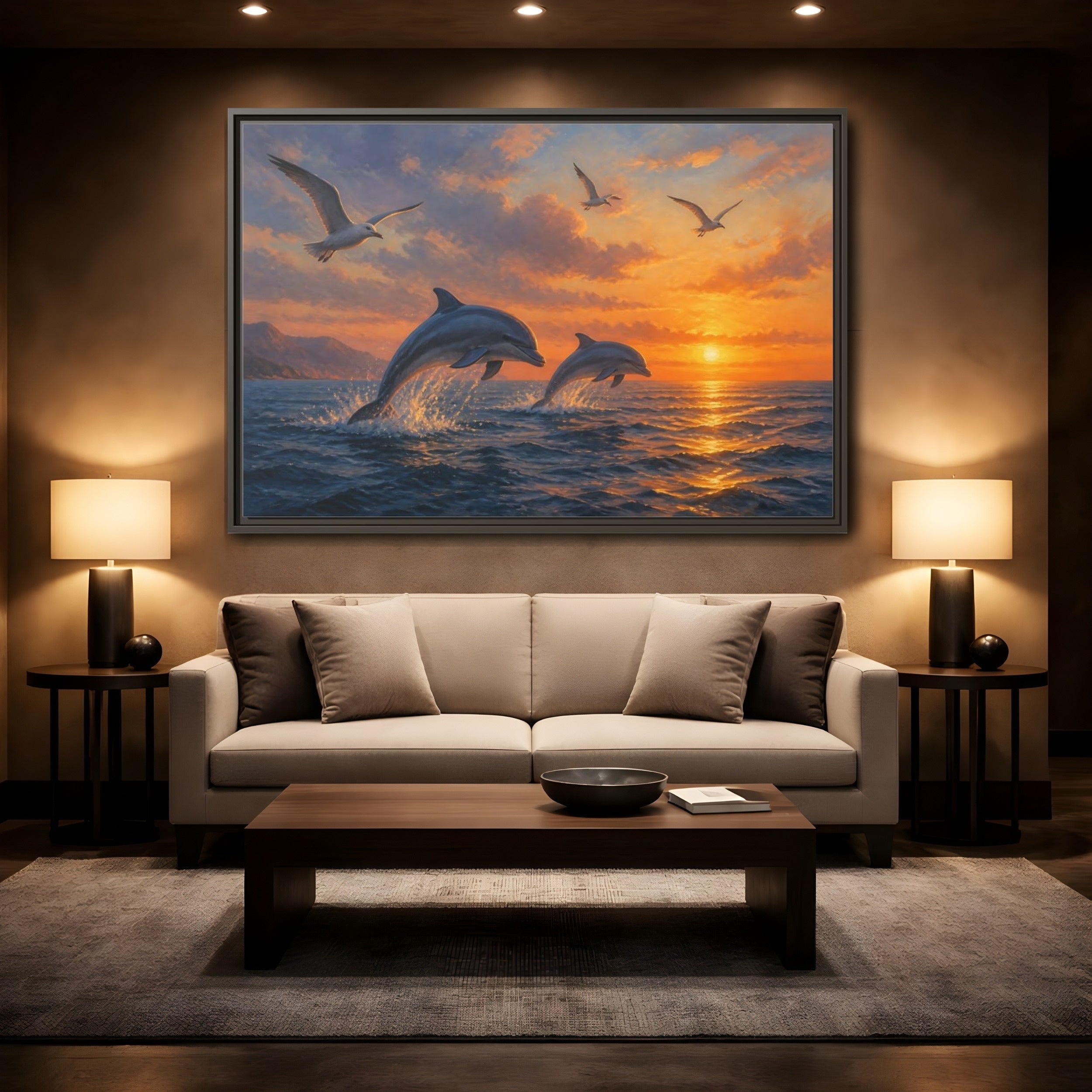 Mockup 2. Nature Dolphins Orange And Blue shown as stretched canvas wall art