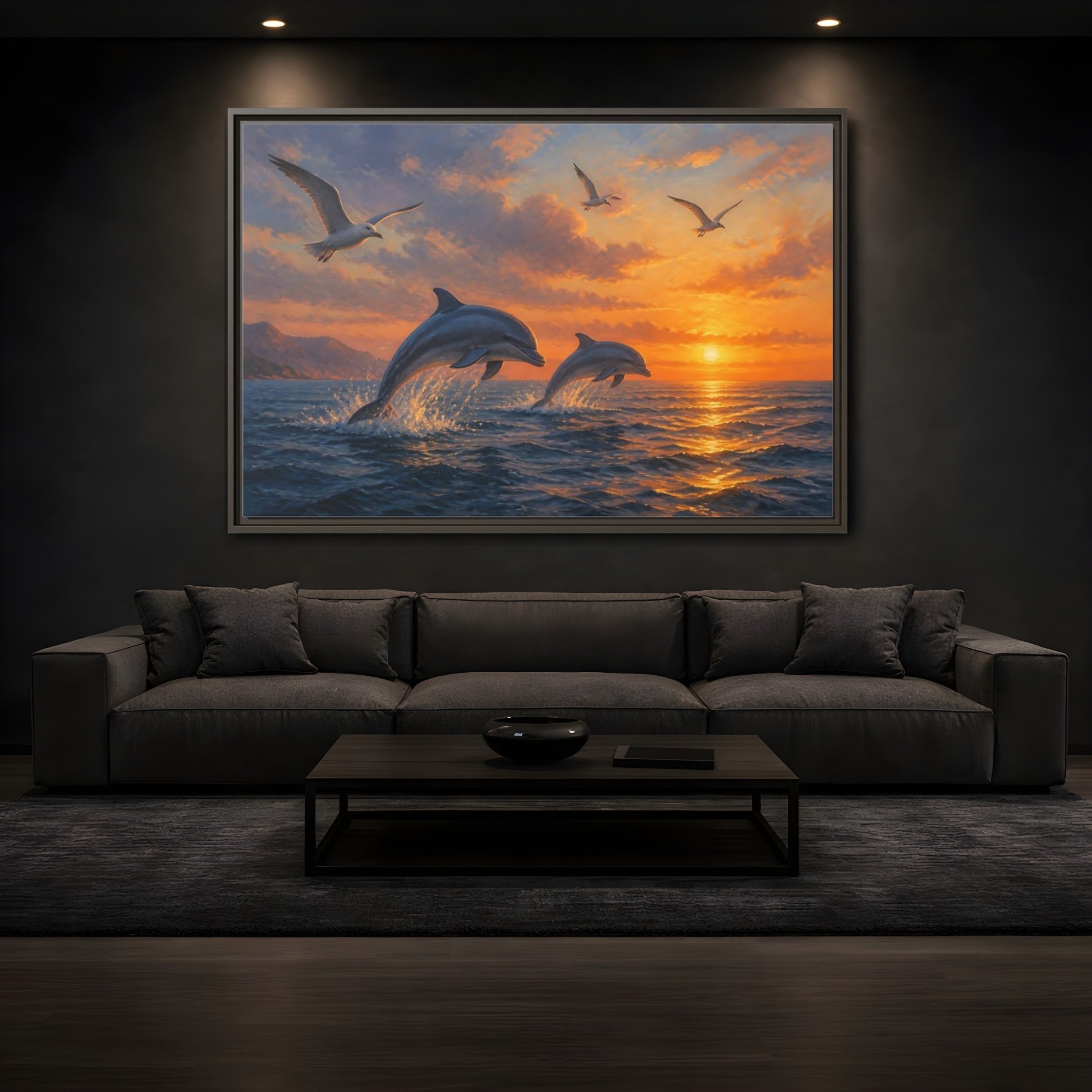 Mockup 3. Nature Dolphins Orange And Blue shown as stretched canvas wall art