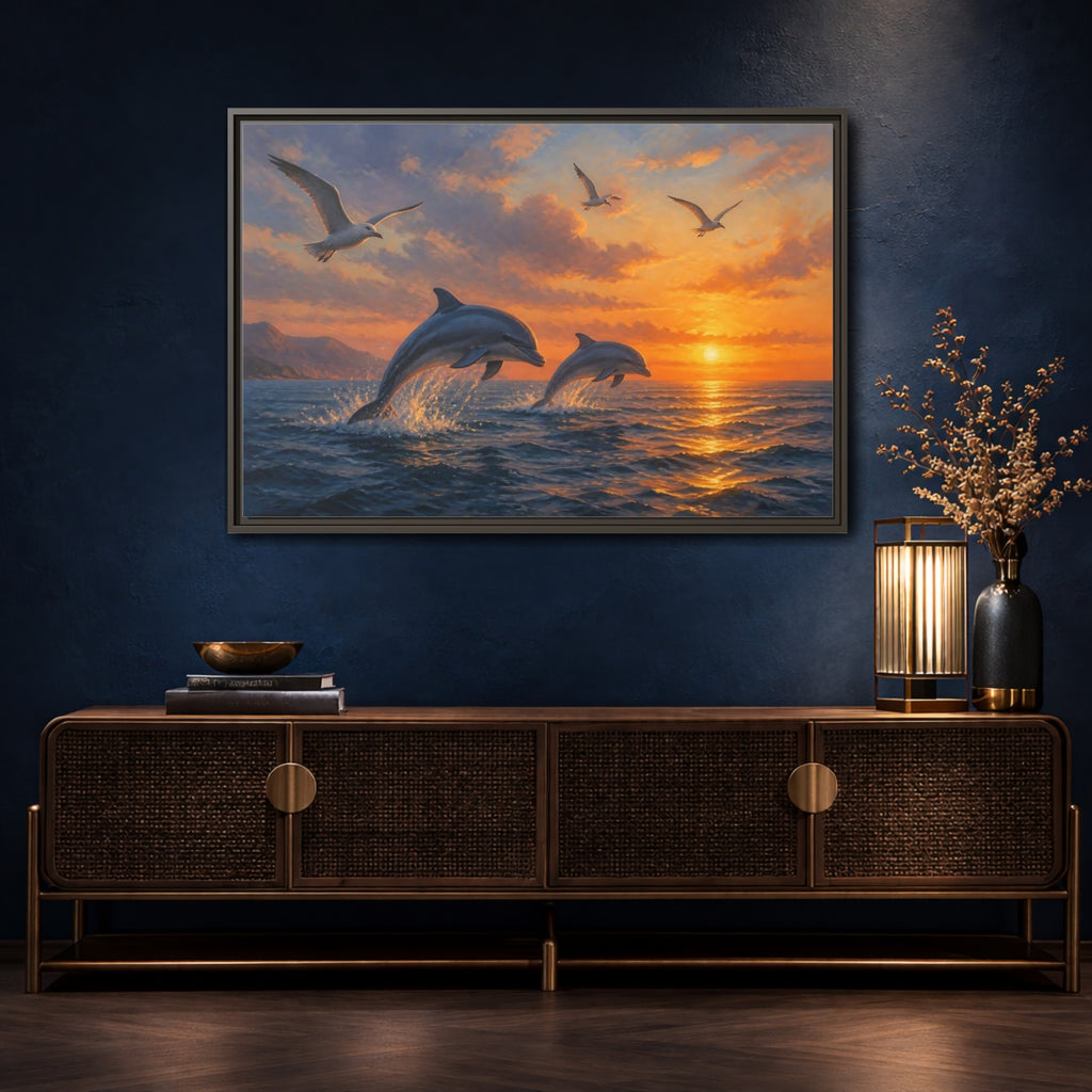 Mockup 4. Nature Dolphins Orange And Blue shown as stretched canvas wall art