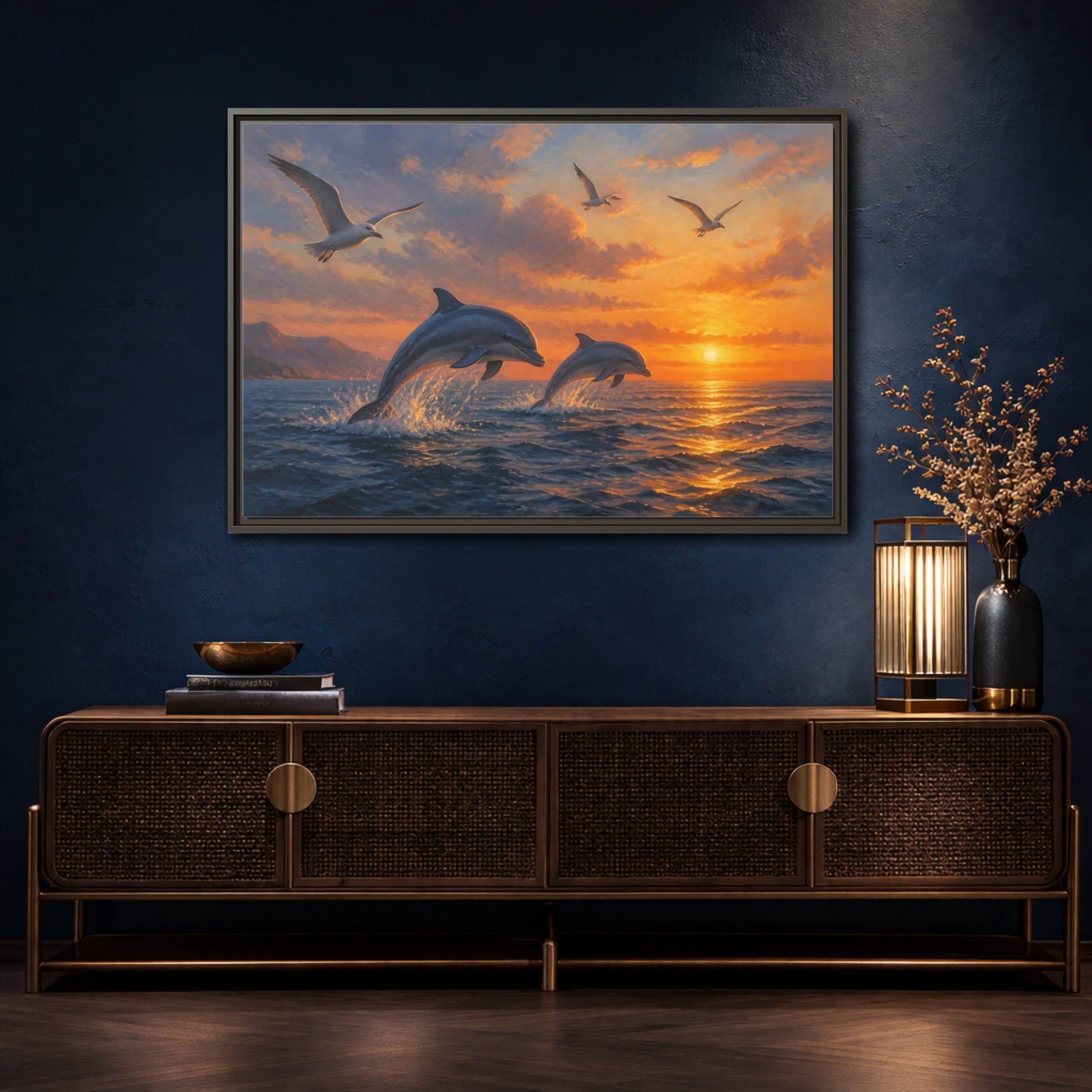 Mockup 4. Nature Dolphins Orange And Blue shown as stretched canvas wall art