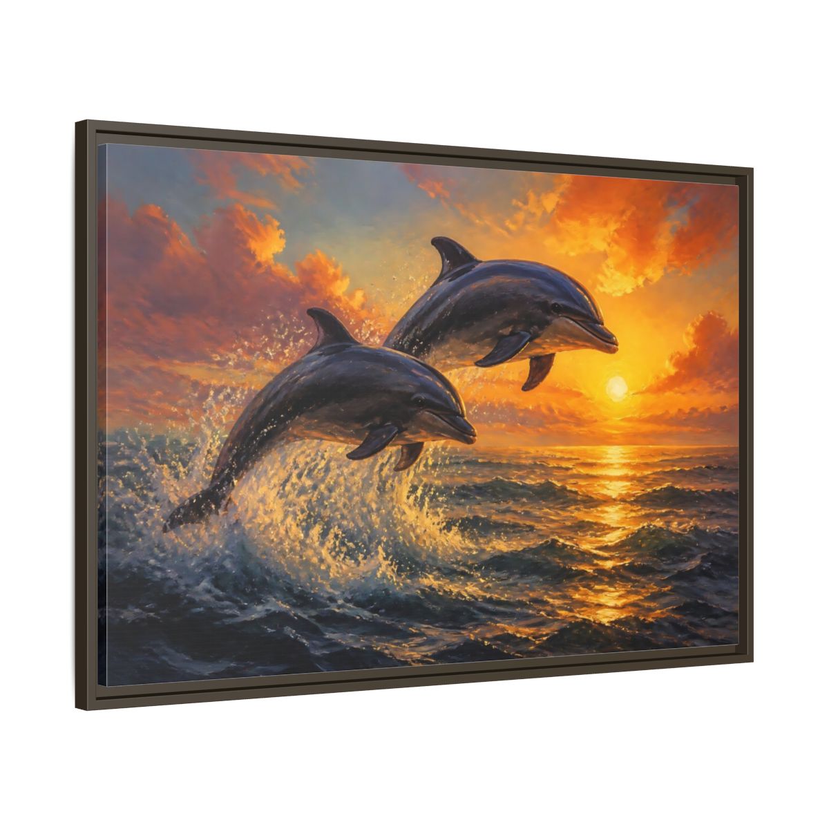 Main Mockup. Nature Dolphins Orange Sunset shown as stretched canvas wall art