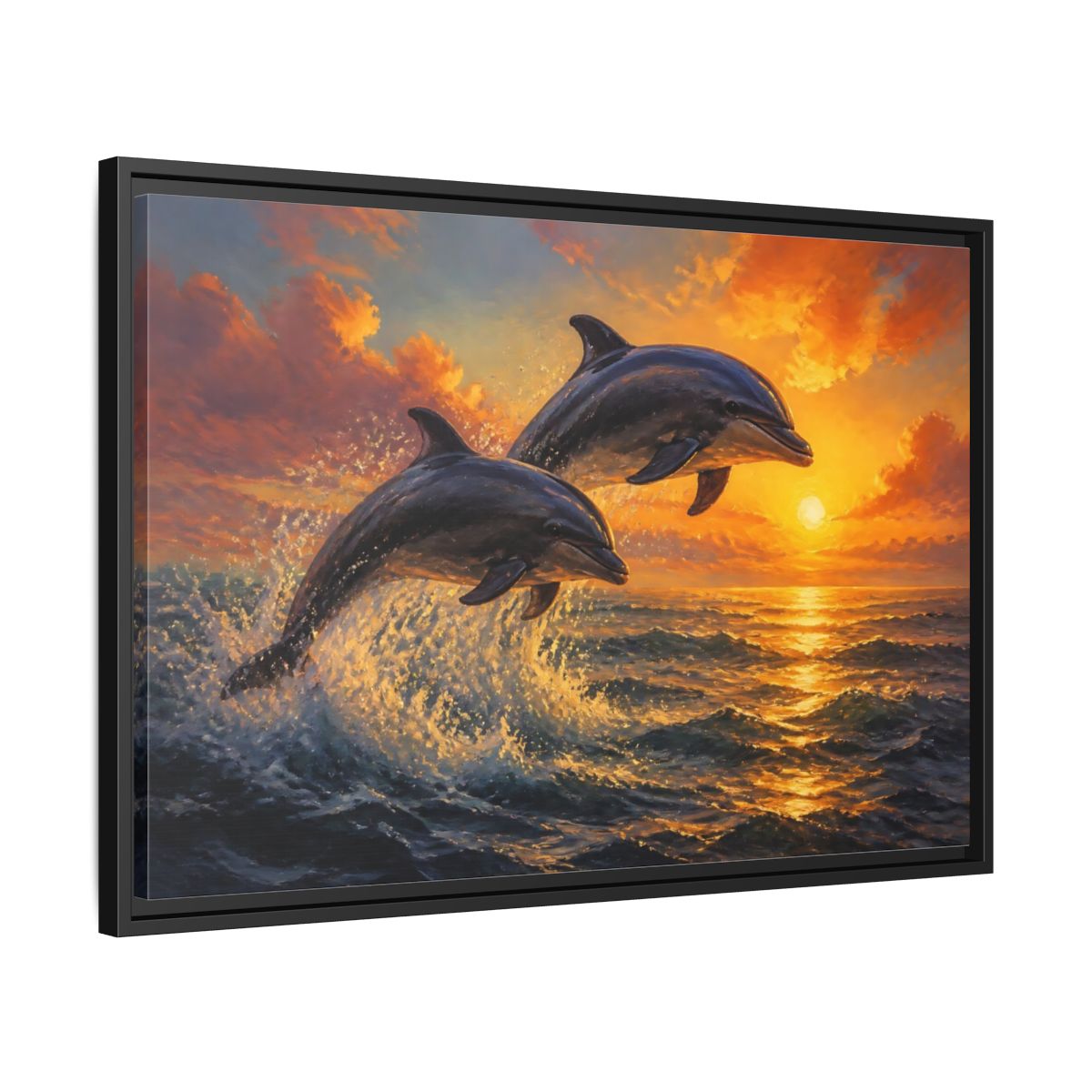 Side Mockup 14. Nature Dolphins Orange Sunset shown as stretched canvas wall art