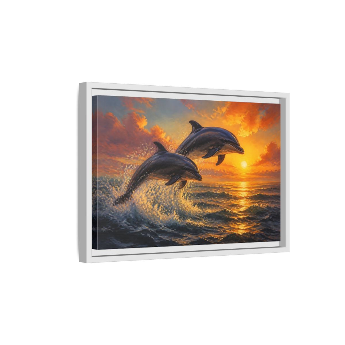 Side Mockup 4. Nature Dolphins Orange Sunset shown as stretched canvas wall art