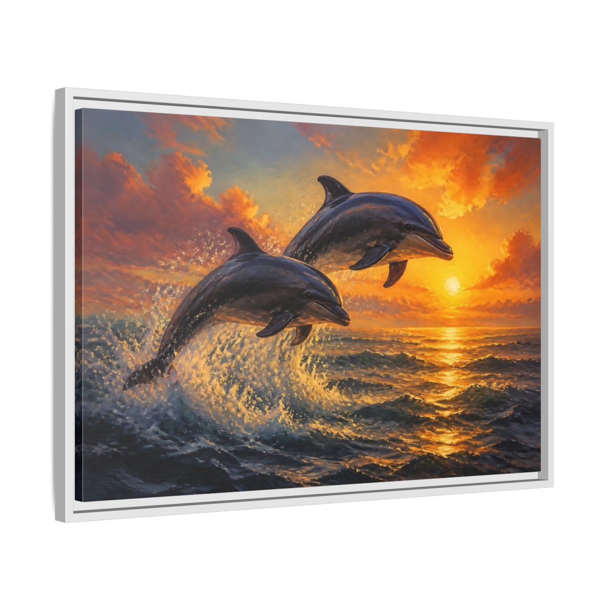 Side Mockup 10. Nature Dolphins Orange Sunset shown as stretched canvas wall art