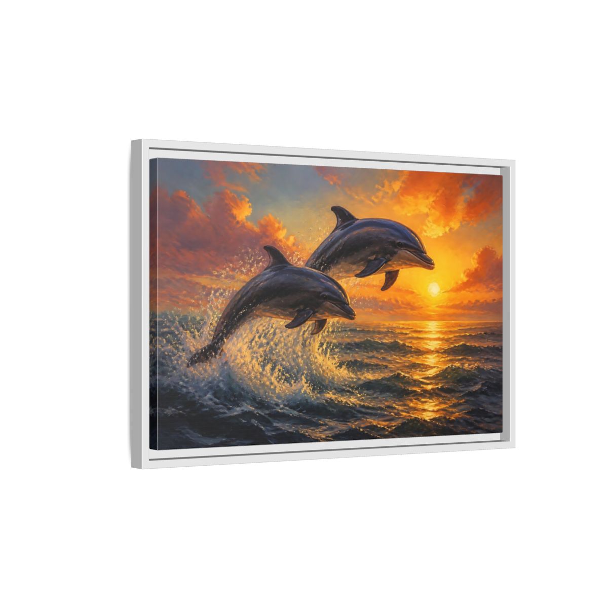 Side Mockup 1. Nature Dolphins Orange Sunset shown as stretched canvas wall art