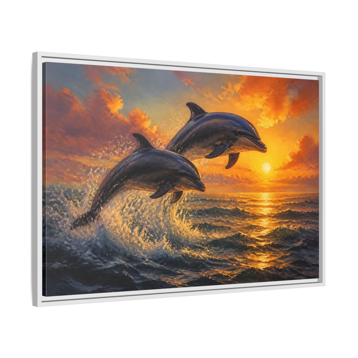 Side Mockup 9. Nature Dolphins Orange Sunset shown as stretched canvas wall art