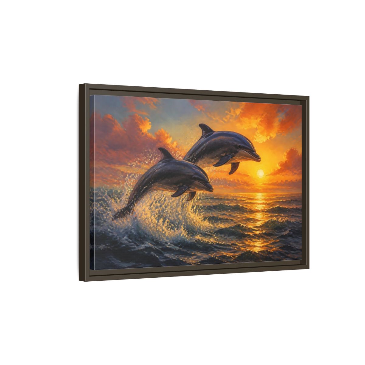 Side Mockup 2. Nature Dolphins Orange Sunset shown as stretched canvas wall art