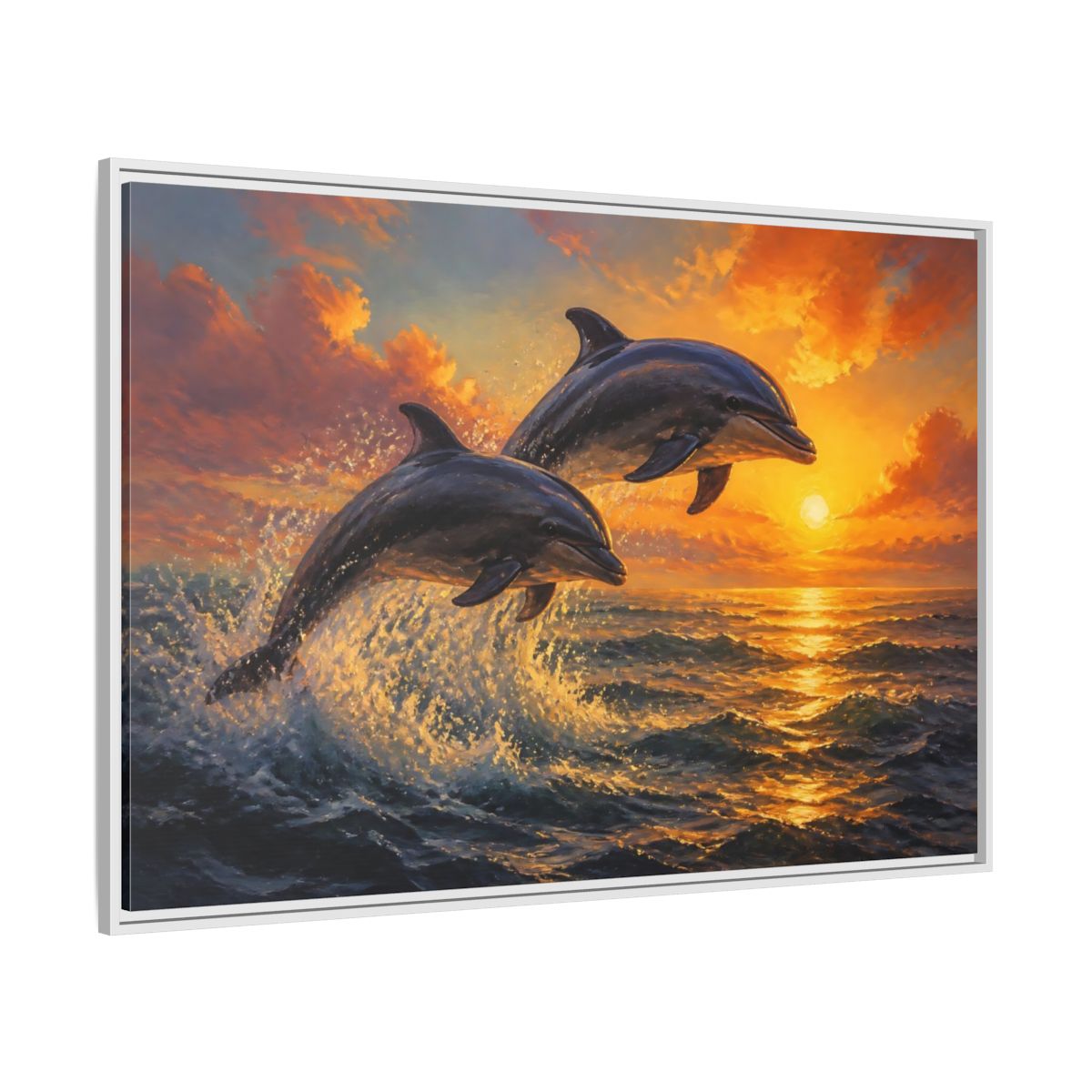 Side Mockup 7. Nature Dolphins Orange Sunset shown as stretched canvas wall art
