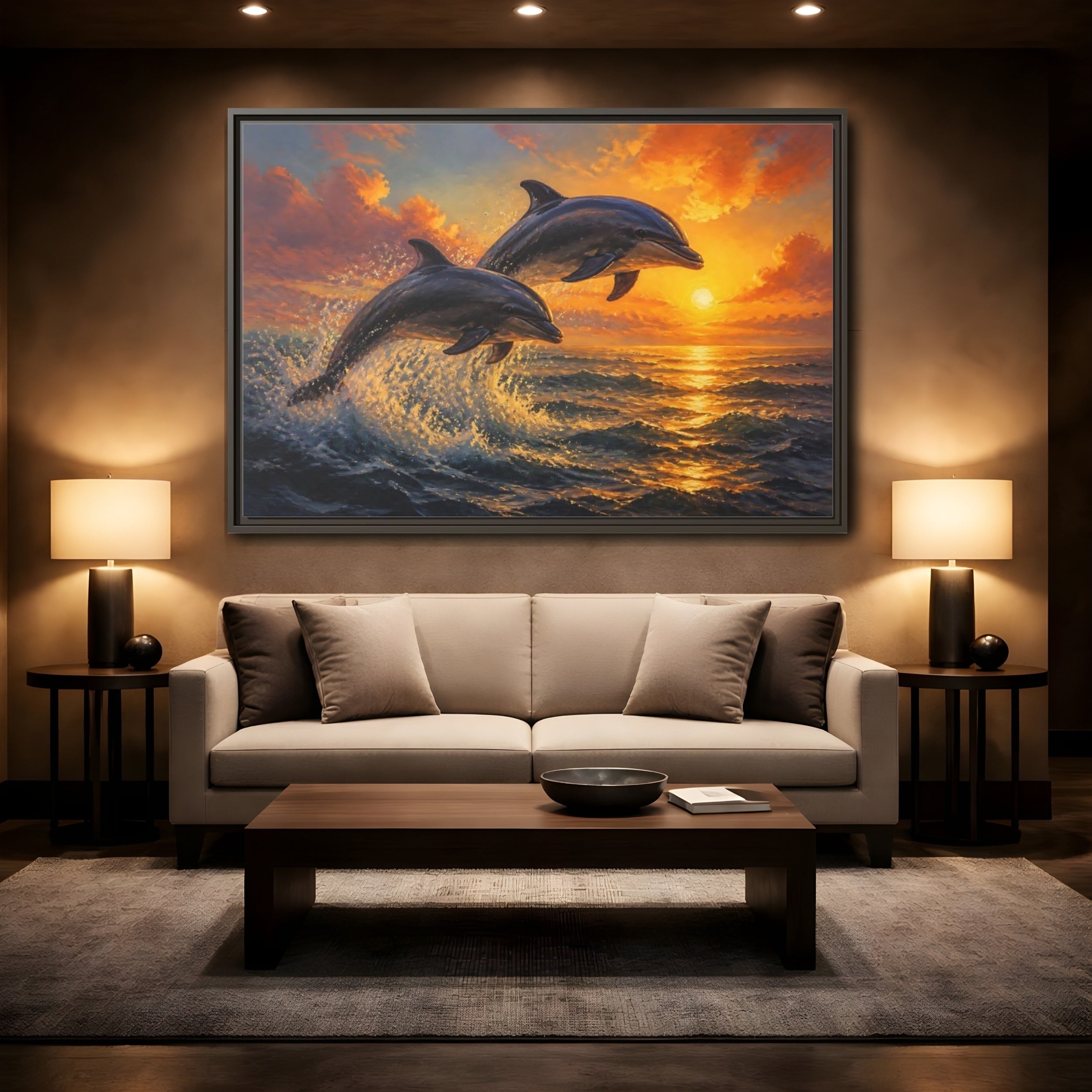 Mockup 2. Nature Dolphins Orange Sunset shown as stretched canvas wall art