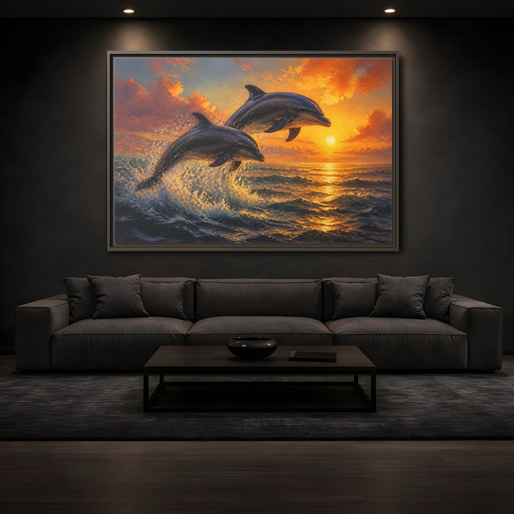Mockup 3. Nature Dolphins Orange Sunset shown as stretched canvas wall art