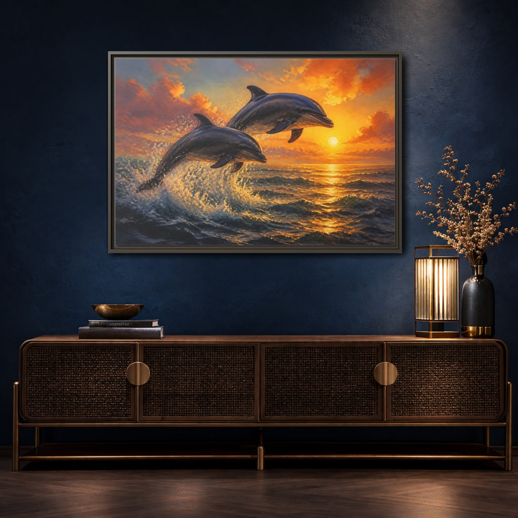 Mockup 4. Nature Dolphins Orange Sunset shown as stretched canvas wall art