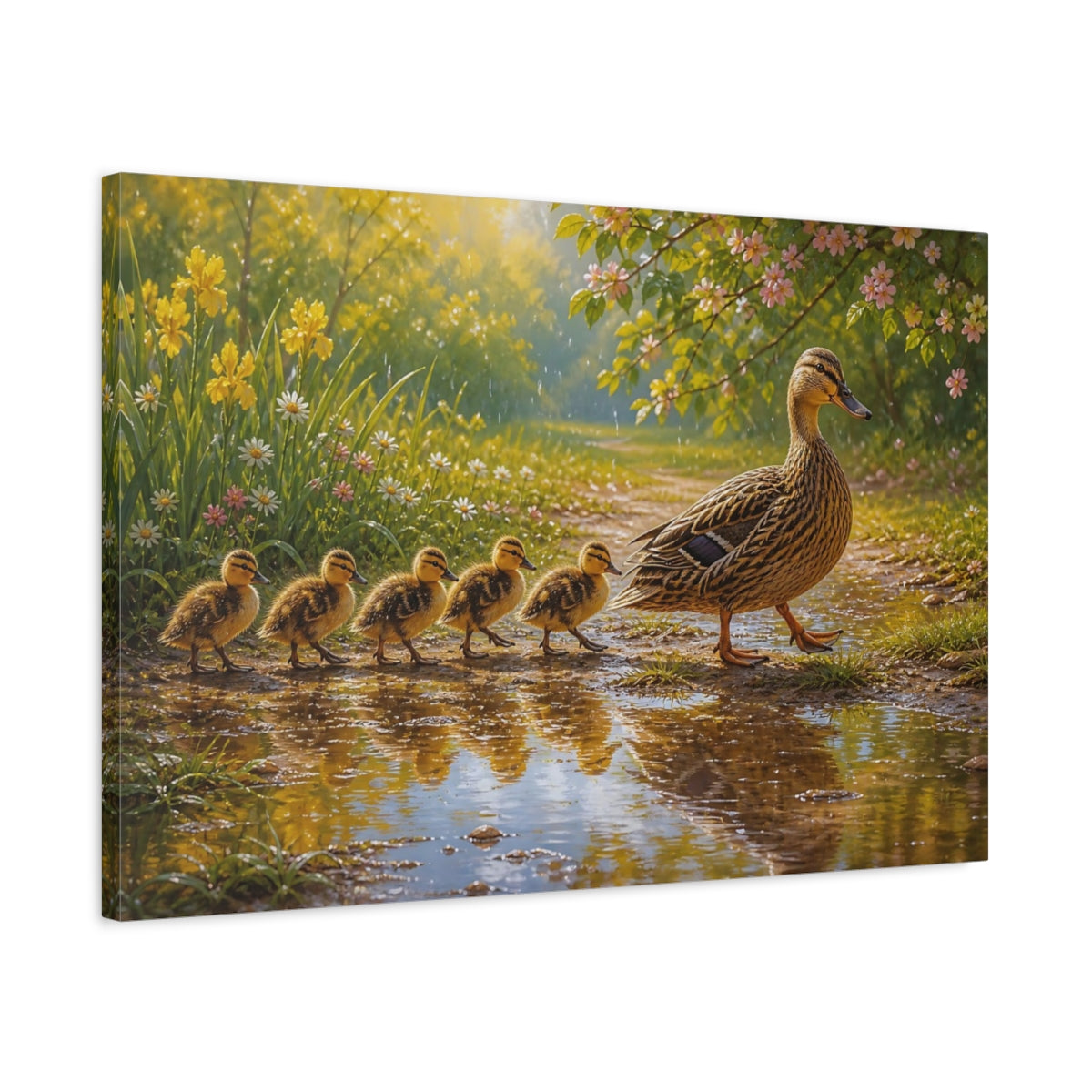 Side Mockup 2. Nature Duck Family Yellow And Green shown as canvas print