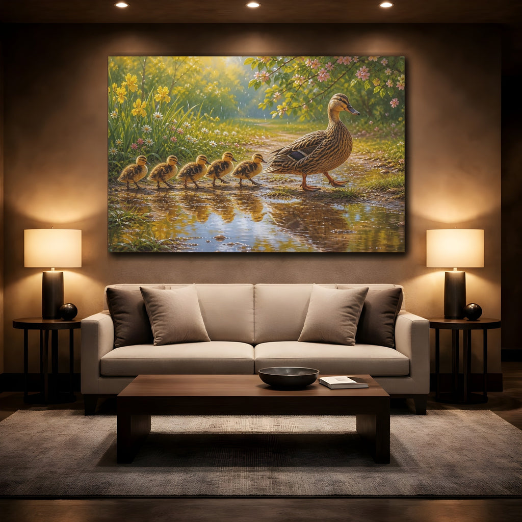 Mockup 2. Nature Duck Family Yellow And Green shown as canvas print