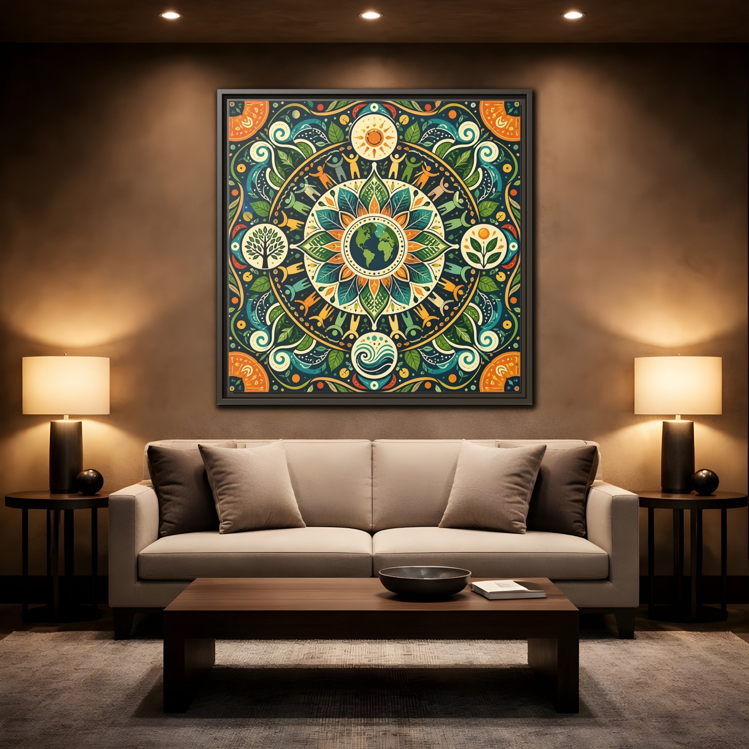 Mockup 2. Nature Earth Mandala Vibrant Earth Mandala shown as stretched canvas wall art