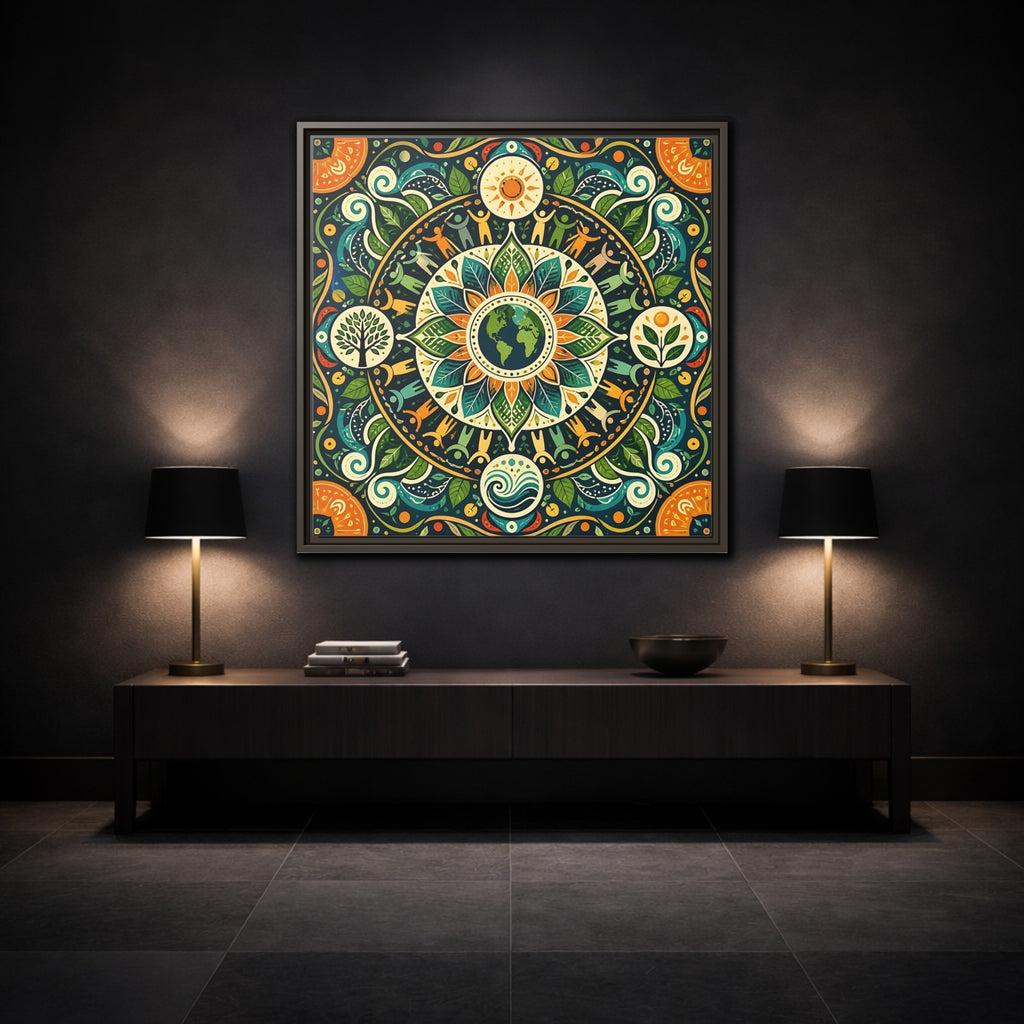 Mockup 3. Nature Earth Mandala Vibrant Earth Mandala shown as stretched canvas wall art
