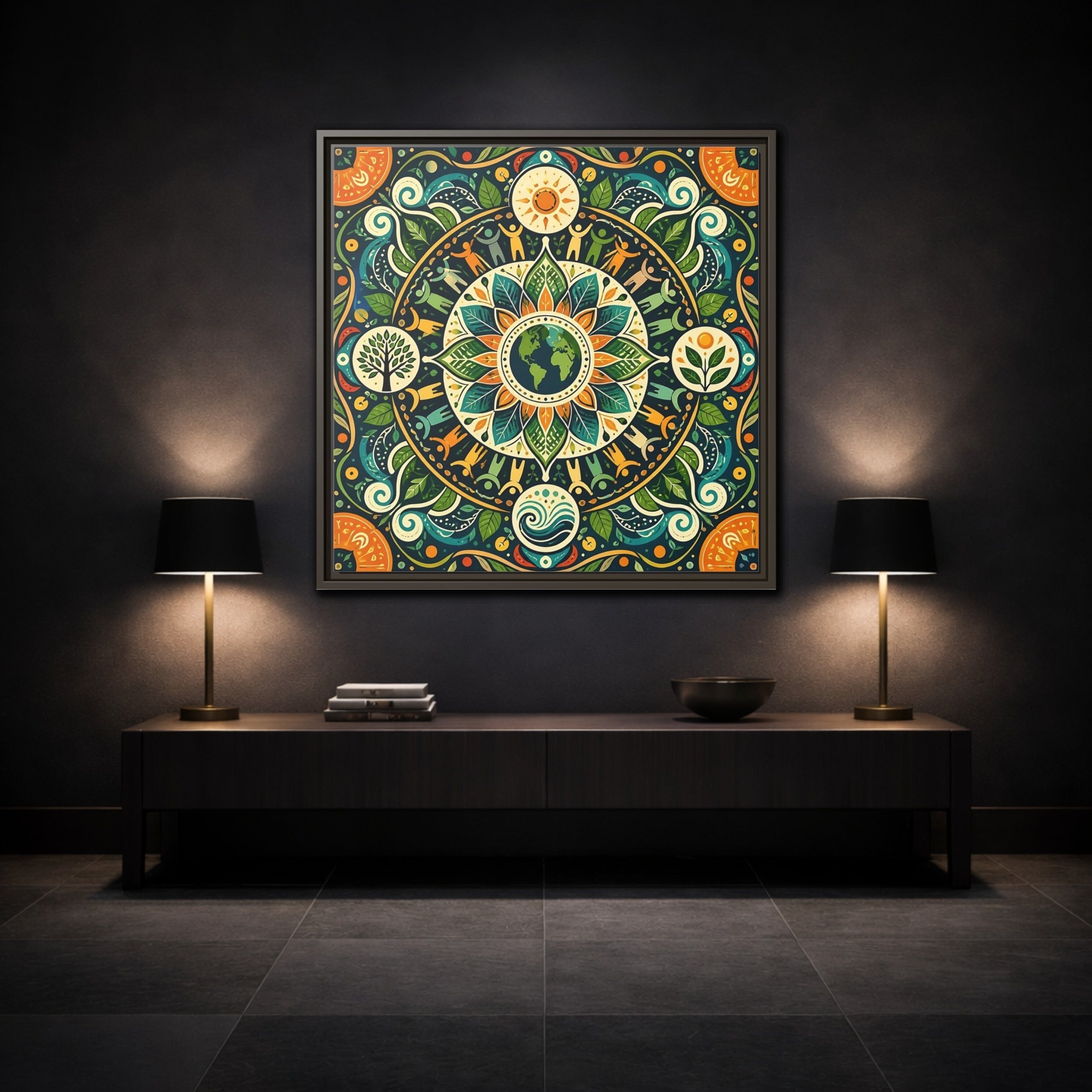 Mockup 3. Nature Earth Mandala Vibrant Earth Mandala shown as stretched canvas wall art