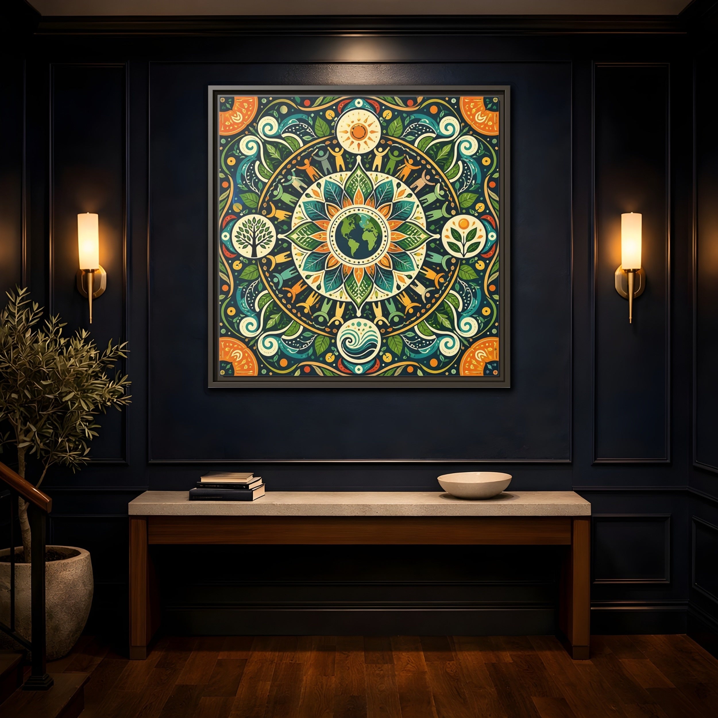Mockup 4. Nature Earth Mandala Vibrant Earth Mandala shown as stretched canvas wall art