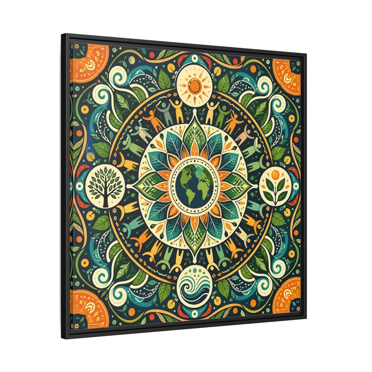 Side Mockup 30. Nature Earth Mandala Vibrant Earth Mandala shown as stretched canvas wall art