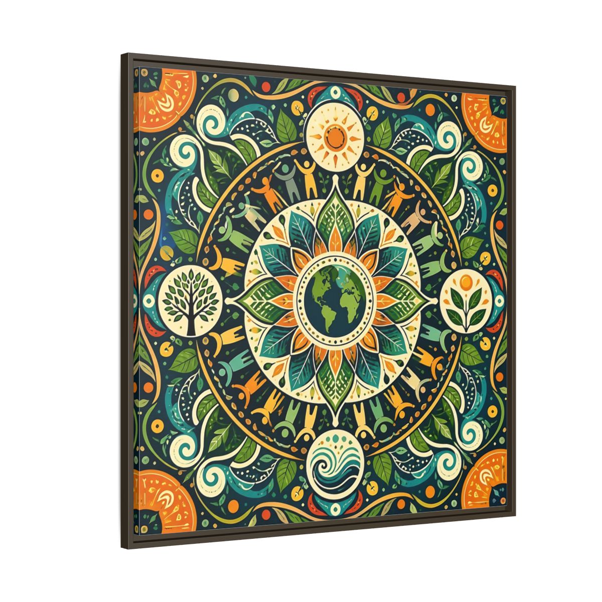 Side Mockup 5. Nature Earth Mandala Vibrant Earth Mandala shown as stretched canvas wall art