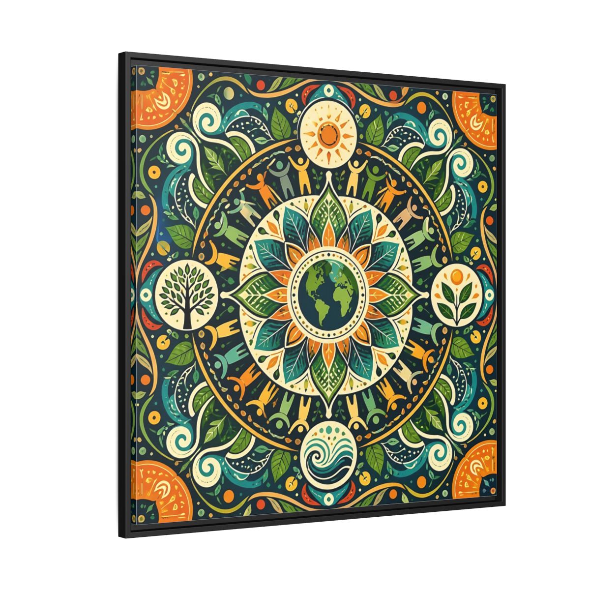 Side Mockup 6. Nature Earth Mandala Vibrant Earth Mandala shown as stretched canvas wall art