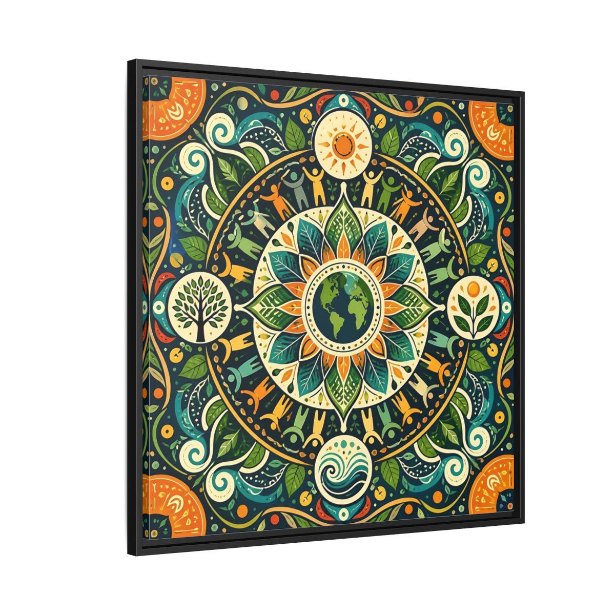 Side Mockup 9. Nature Earth Mandala Vibrant Earth Mandala shown as stretched canvas wall art