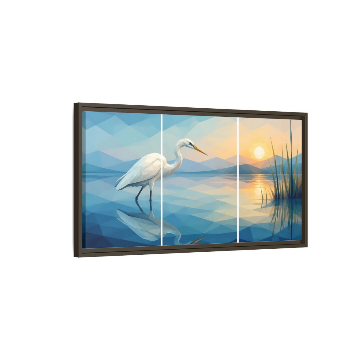 Main Mockup. Nature Egret Egret Sunset Blue shown as stretched canvas wall art