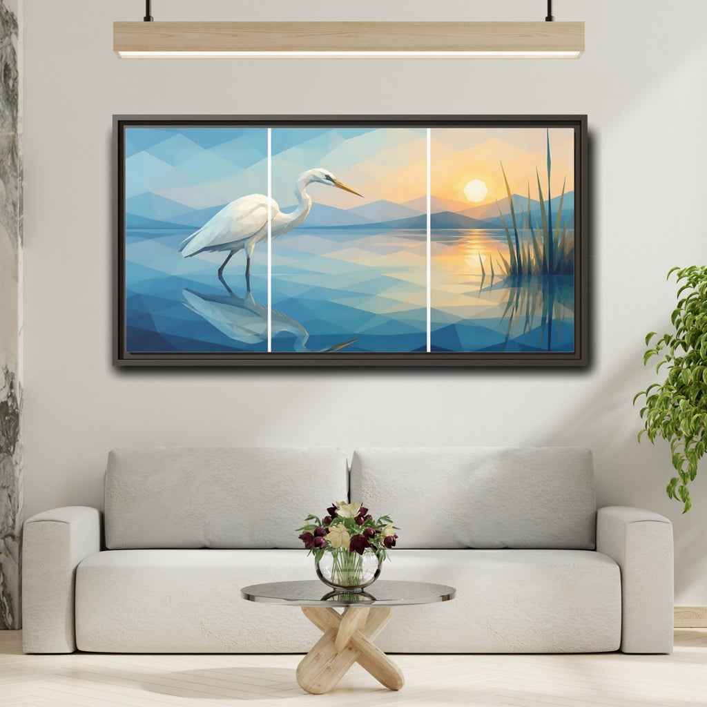Mockup 2. Nature Egret Egret Sunset Blue shown as stretched canvas wall art