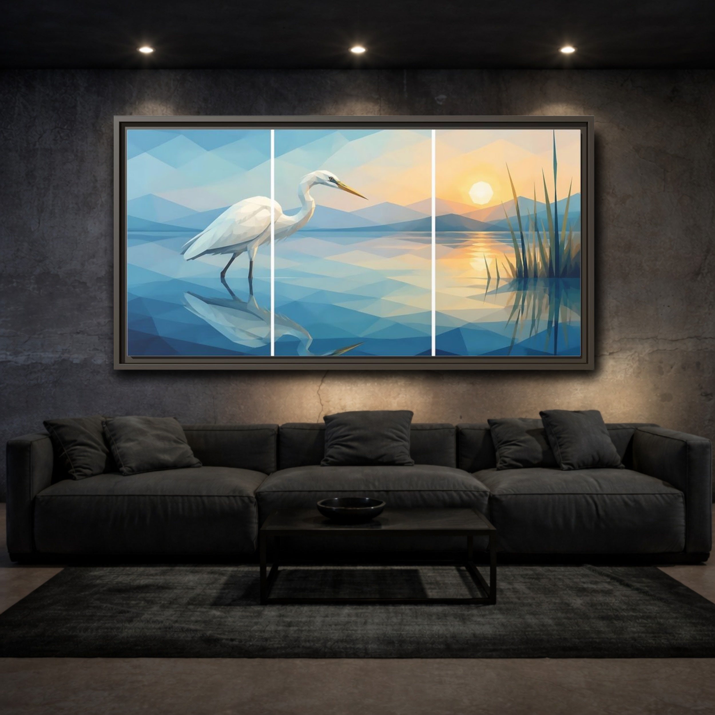 Mockup 3. Nature Egret Egret Sunset Blue shown as stretched canvas wall art