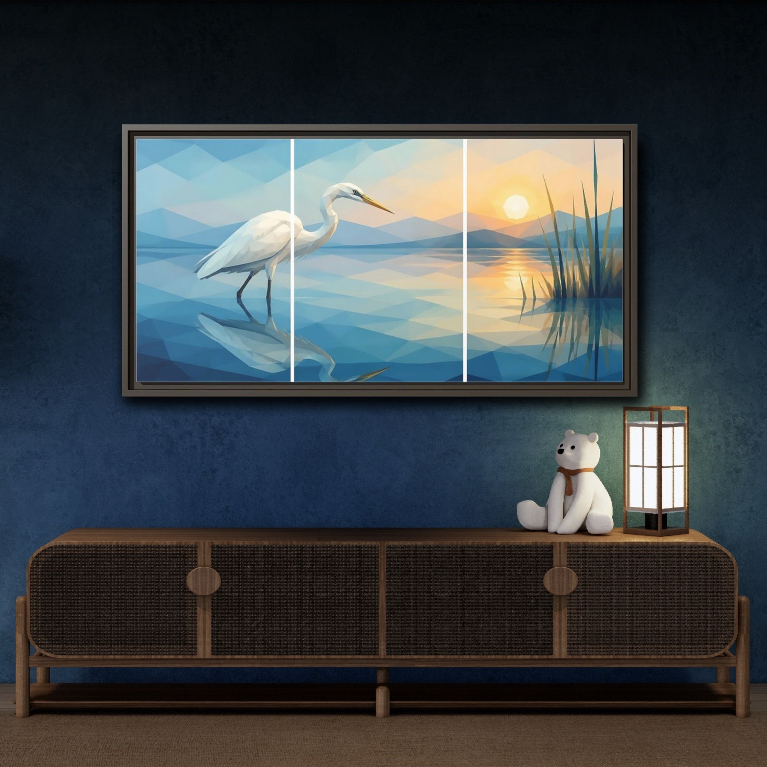 Mockup 4. Nature Egret Egret Sunset Blue shown as stretched canvas wall art