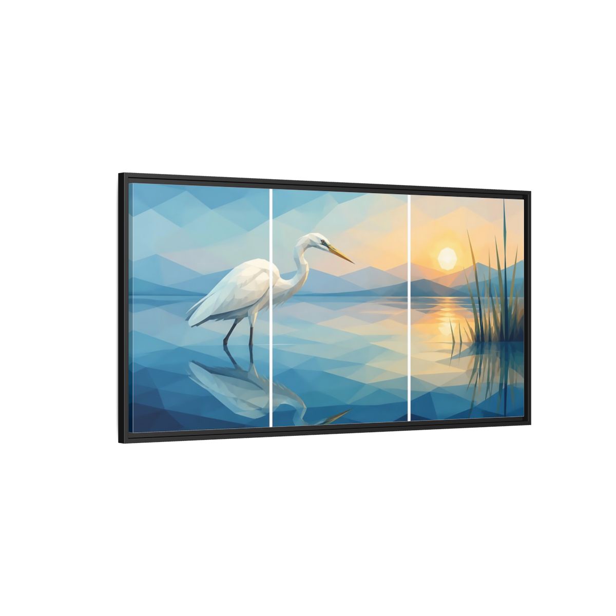 Side Mockup 5. Nature Egret Egret Sunset Blue shown as stretched canvas wall art