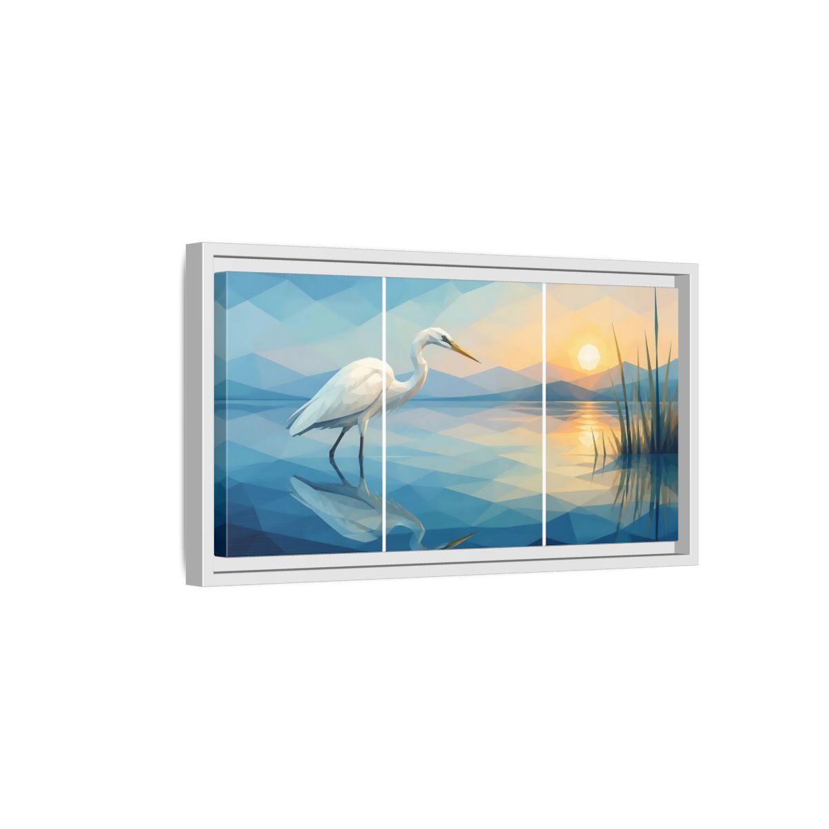 Side Mockup 6. Nature Egret Egret Sunset Blue shown as stretched canvas wall art