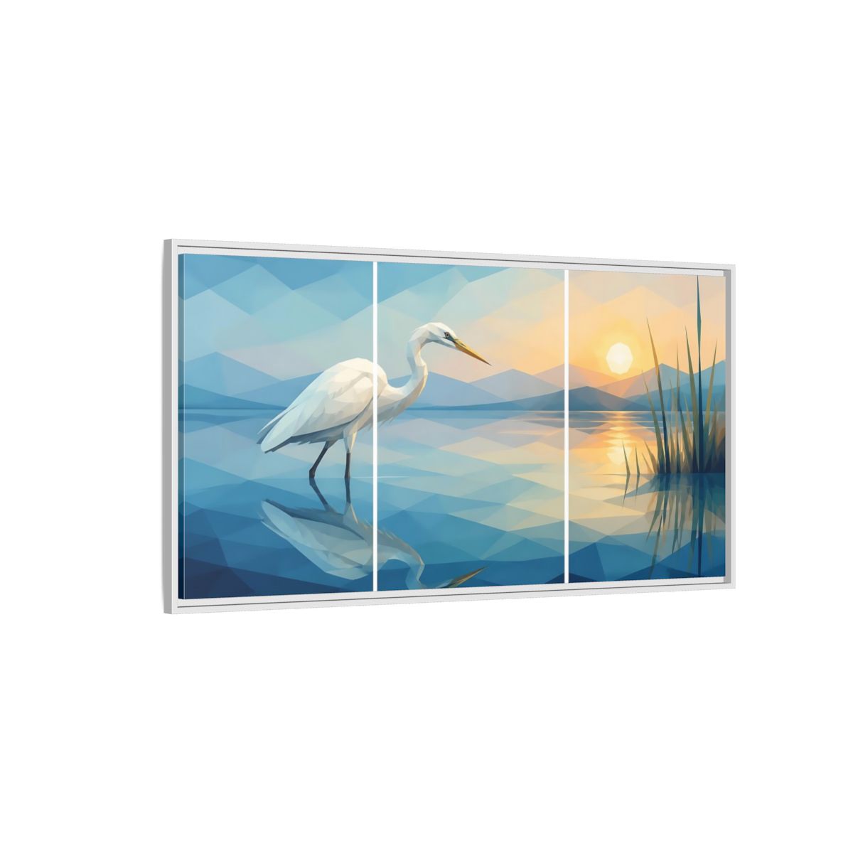 Side Mockup 3. Nature Egret Egret Sunset Blue shown as stretched canvas wall art