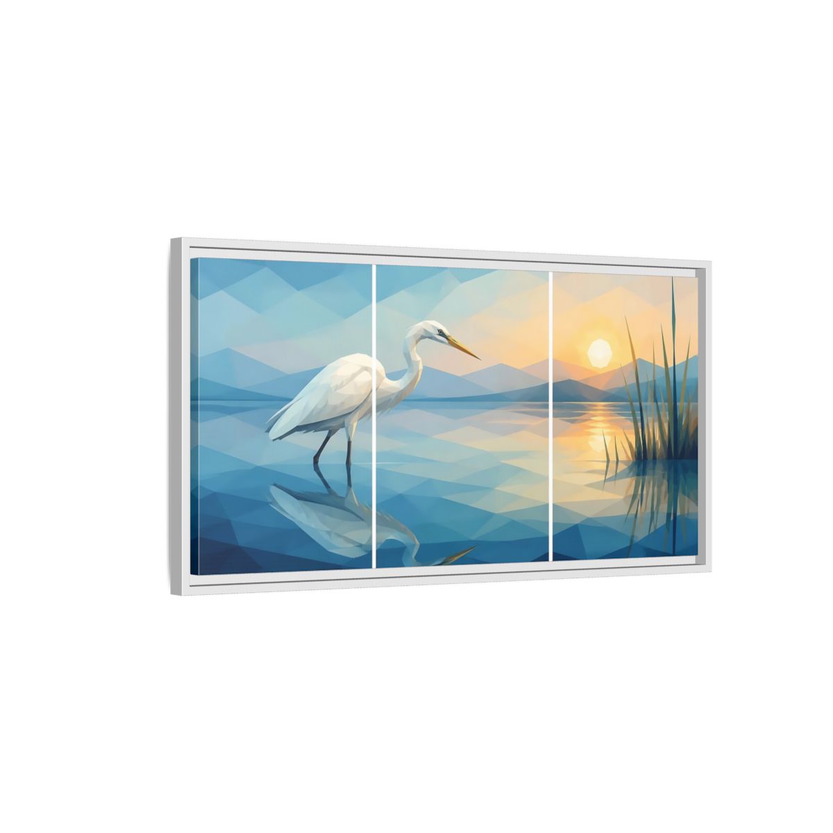 Side Mockup 1. Nature Egret Egret Sunset Blue shown as stretched canvas wall art