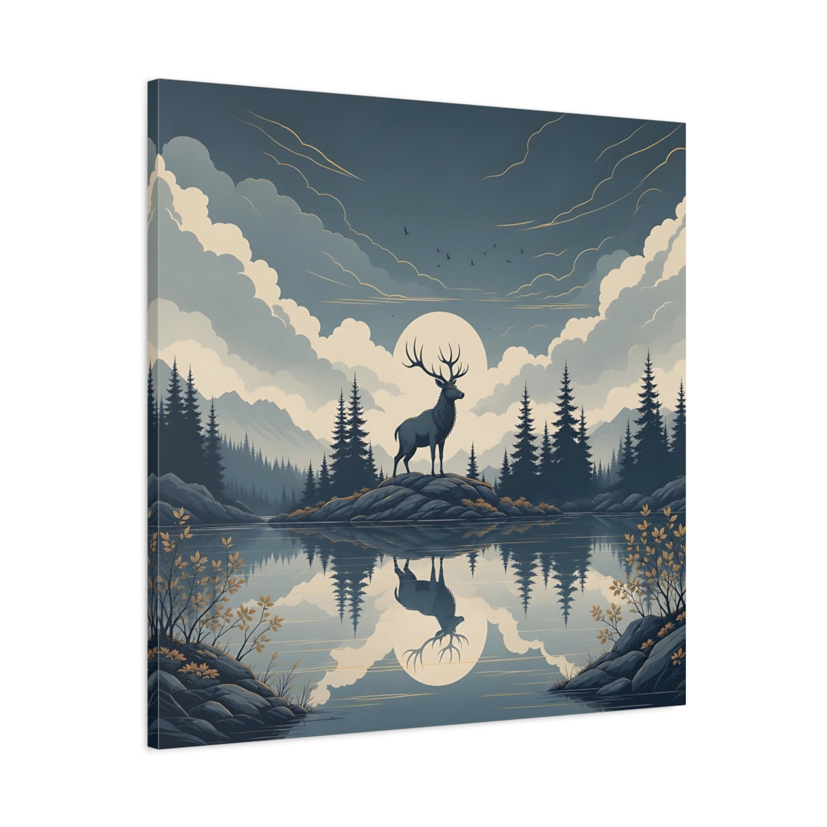 Main Mockup. Nature Elk Blue And Gold shown as stretched canvas wall art