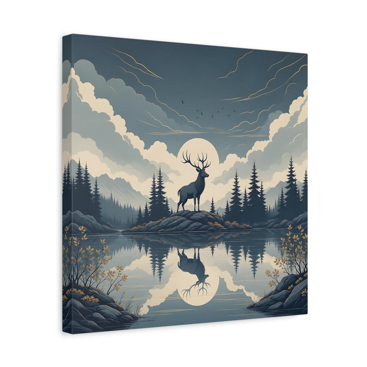 Side Mockup 6. Nature Elk Blue And Gold shown as stretched canvas wall art