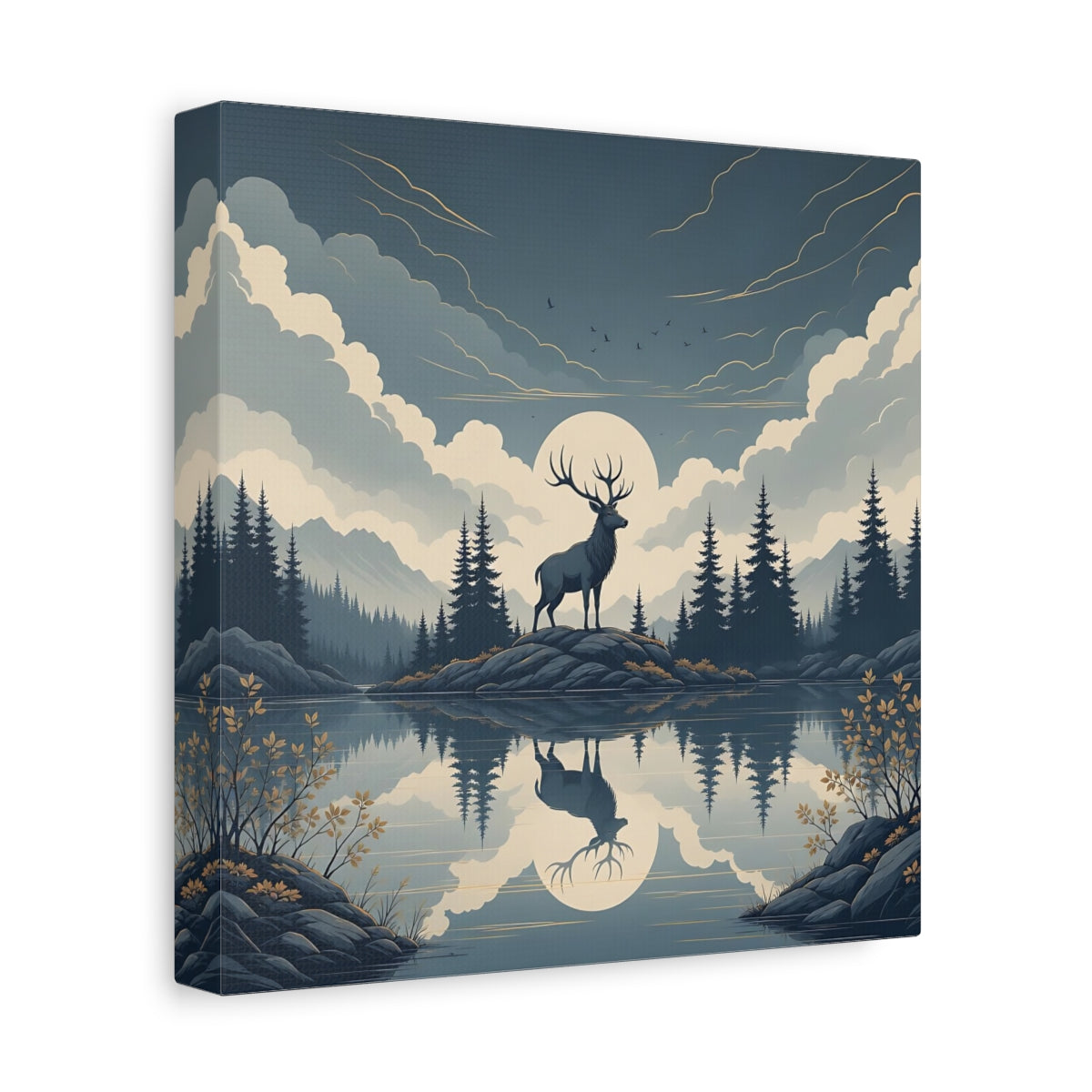 Side Mockup 9. Nature Elk Blue And Gold shown as stretched canvas wall art