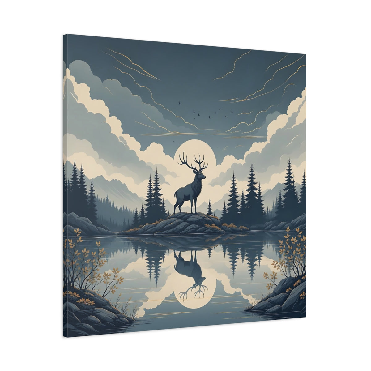 Side Mockup 1. Nature Elk Blue And Gold shown as stretched canvas wall art