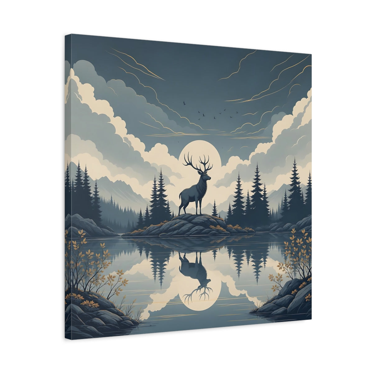 Side Mockup 4. Nature Elk Blue And Gold shown as stretched canvas wall art